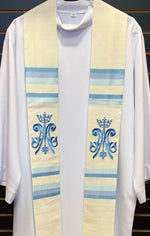 Marian Overlay Stole, White With Blue Embroidery - SO1211LBOSWE