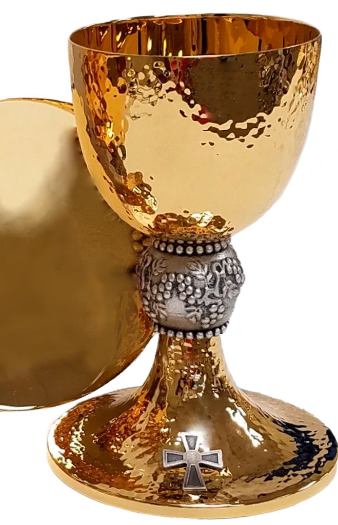 Grape And Leaf Chalice And Paten Set - Gold Plated Brass Communion Set, 13 Oz Cup, 5" Paten