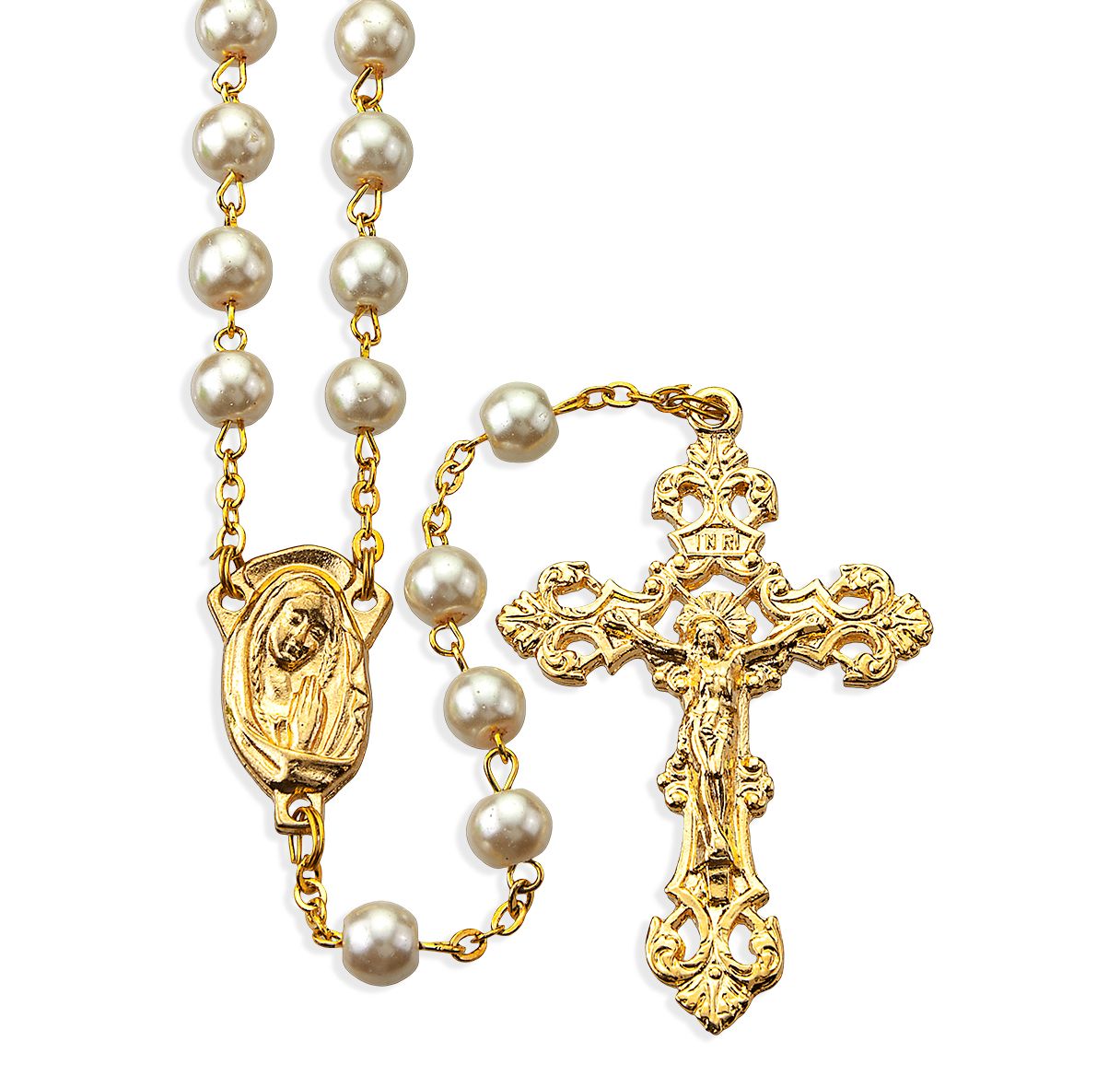 White Faux Pearl Bead Rosary - TA01080P