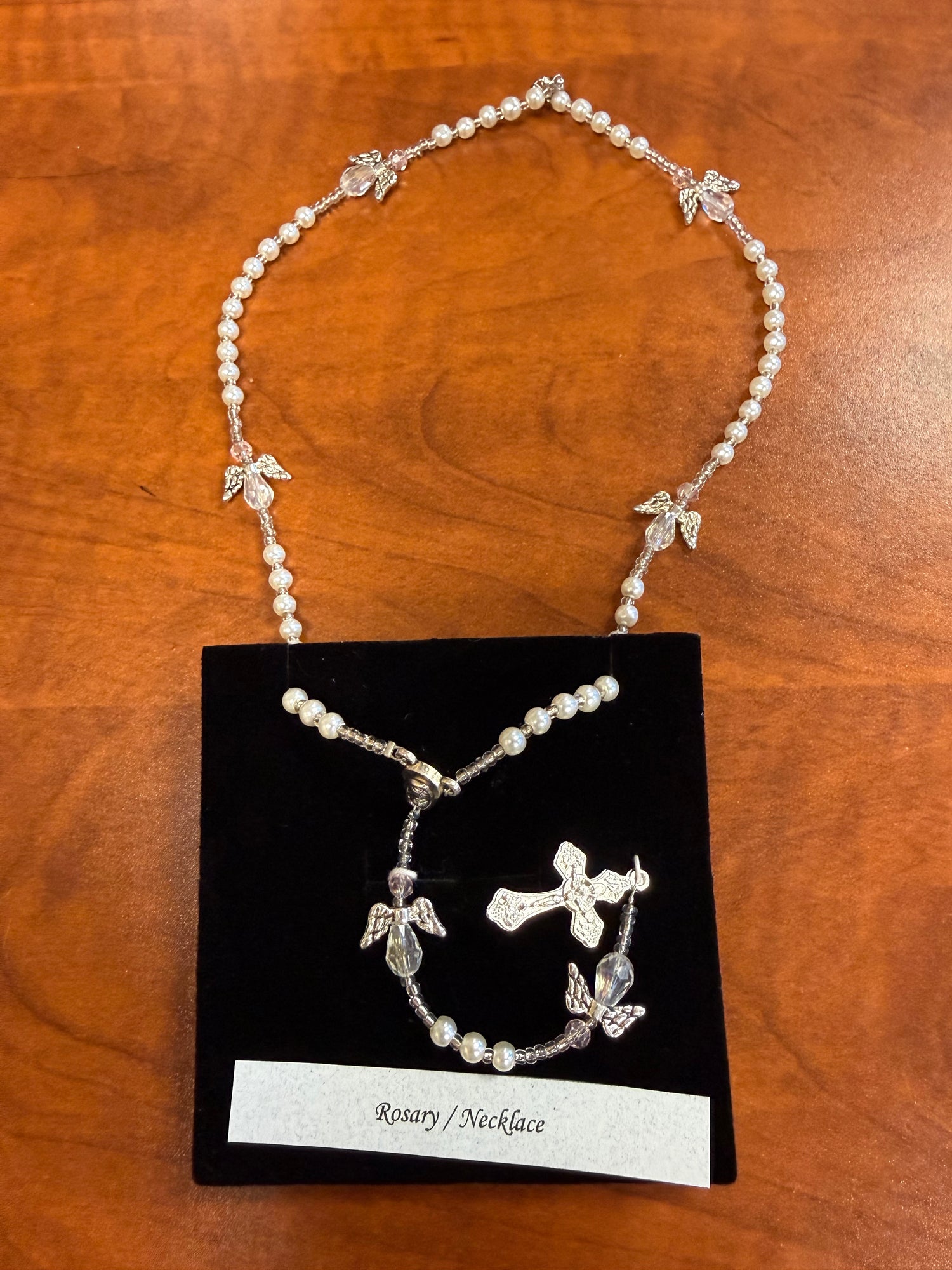 Rosary  Necklace W/Pearl and Angel Beads - HSRY12348WH
