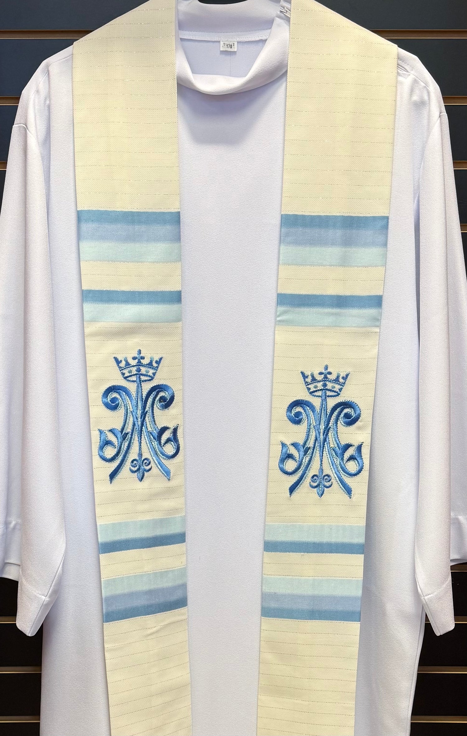 Marian Overlay Stole, White With Blue Embroidery - SO1211LBOSWE
