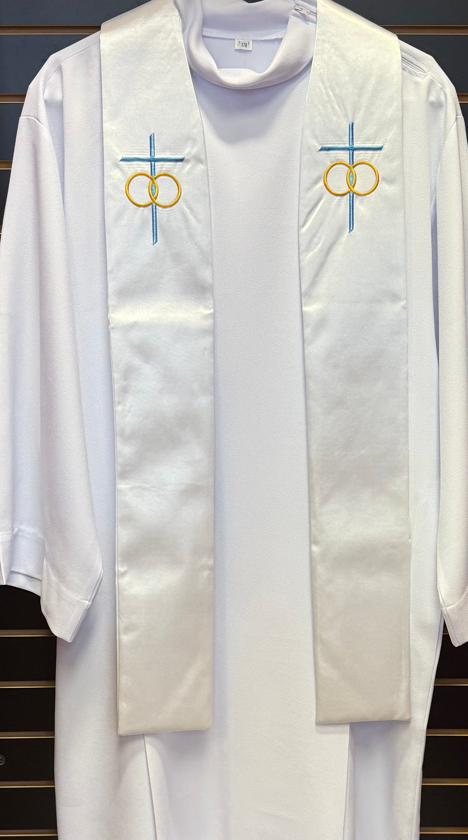 White Overlay Stole, Gold Rings and Blue Cross - US12127