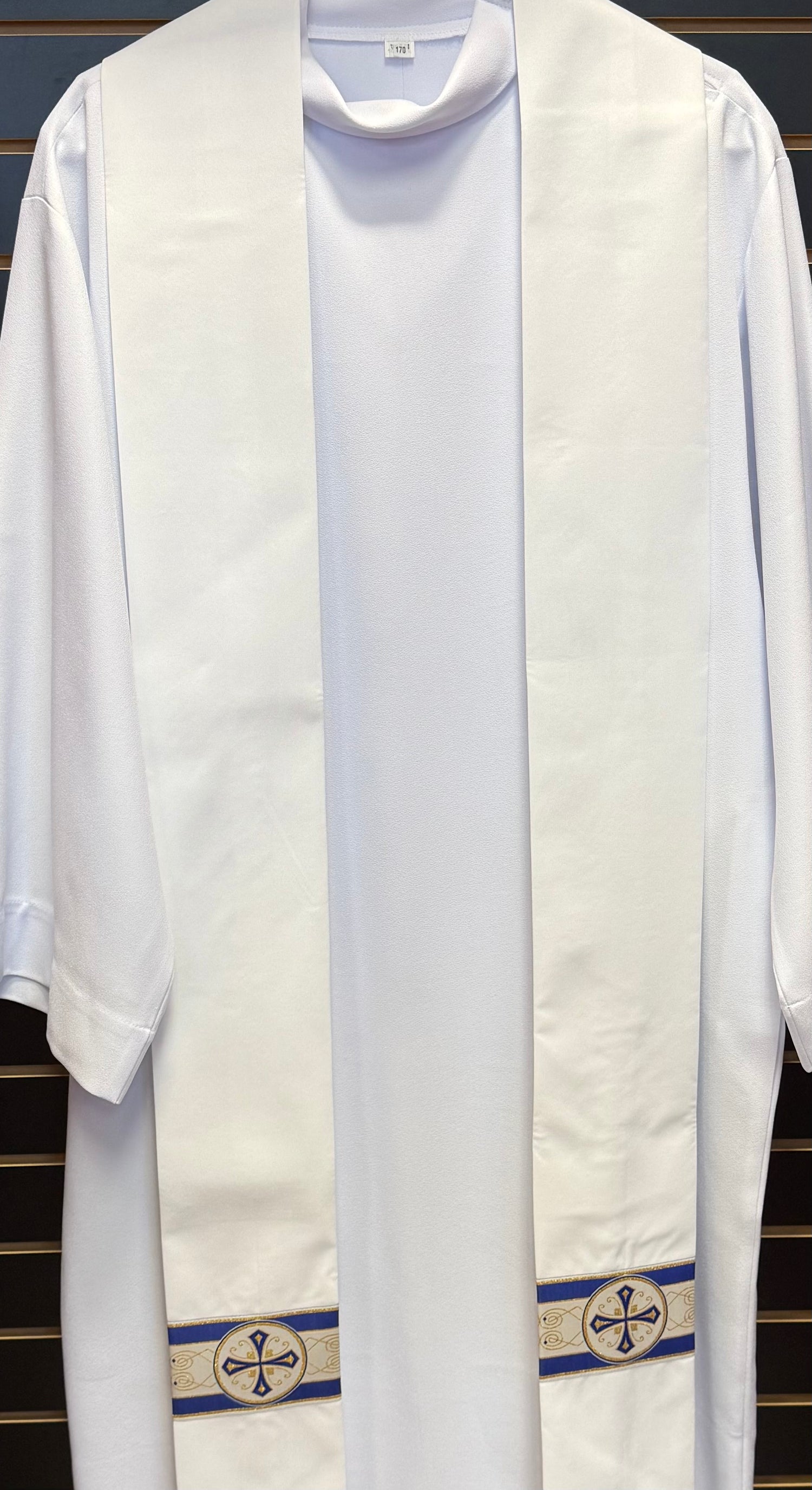 White Overlay Stole With Blue and Gold Crosses - SO825OSW