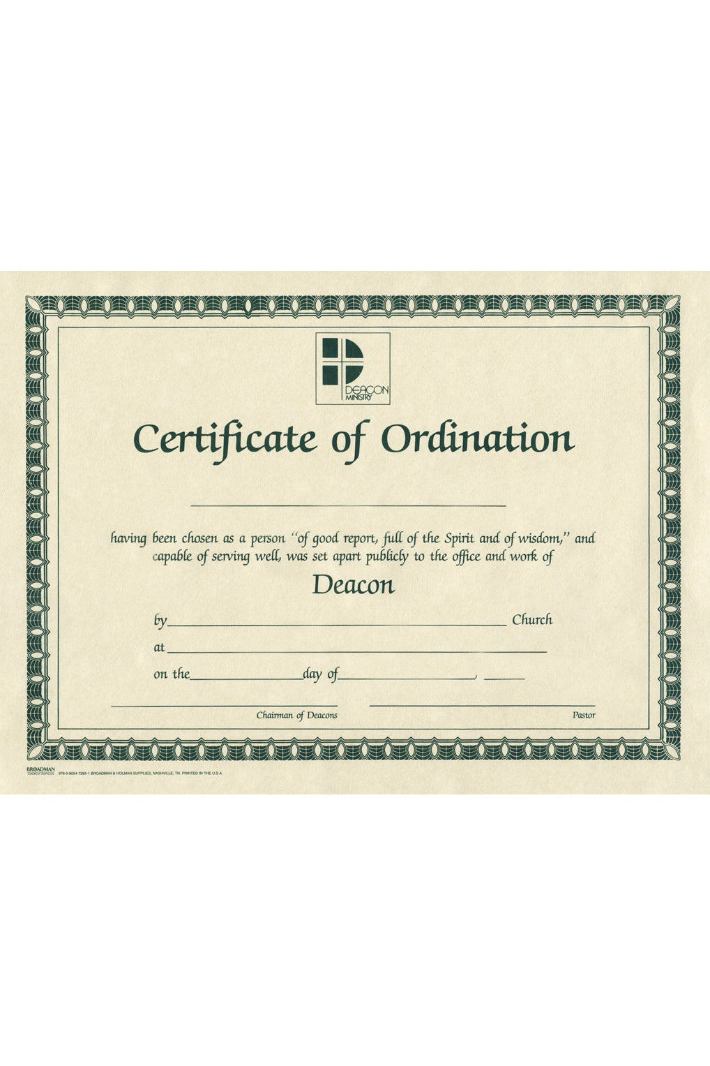 Ordination for Deacon Certificate - MA 01548-Church Life-BROADMAN & HOLMAN-Michigan Church Supply