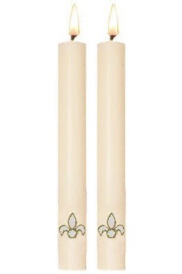 Paschal Side Candles - White Fleur De Lis Sold As Pair-Church Life-Dadant-1-1/2" x 12"-Michigan Church Supply