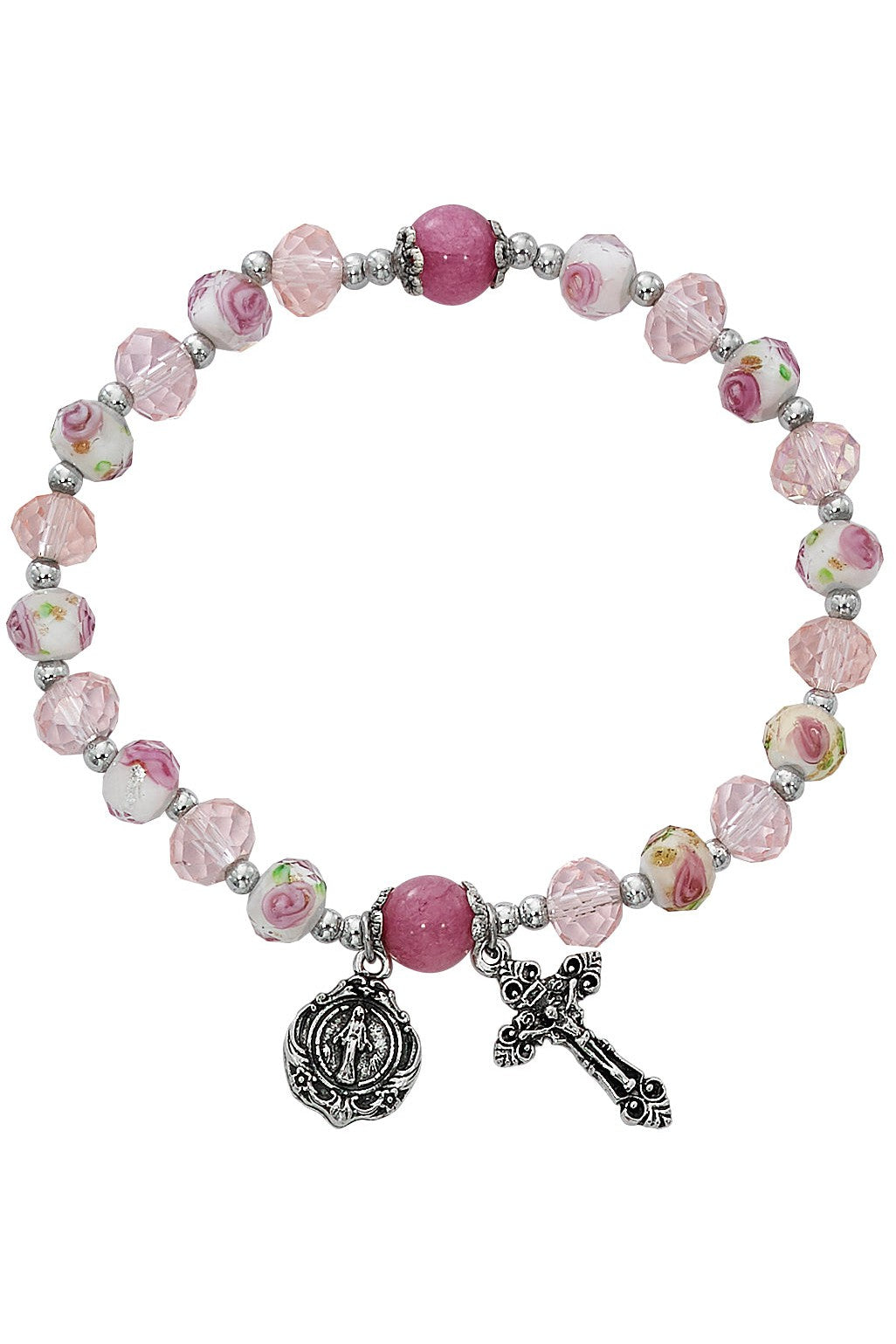 Pink Flower Crystal Stretch Bracelet UZBR898C-Jewelry-McVan-Michigan Church Supply