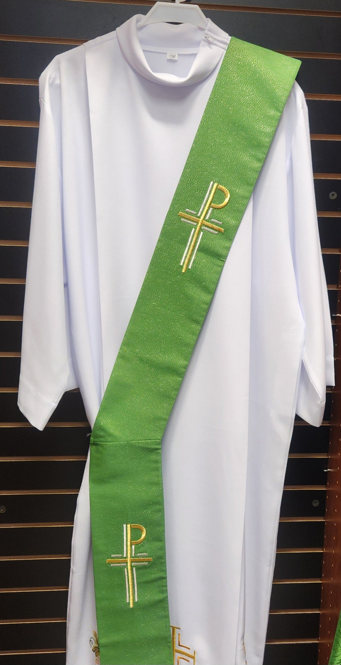 Green Deacon Stole, Gold and Silver Cross - SO633DSG