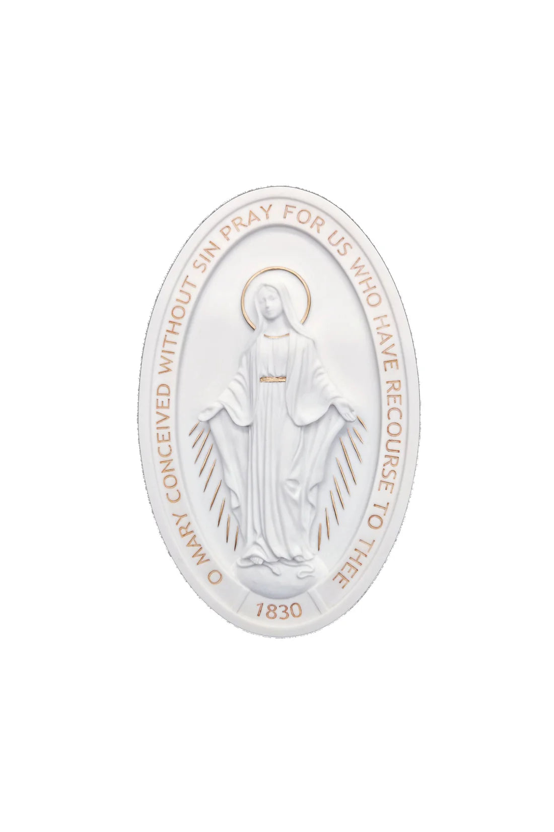 Miraculous Medal plaque, white with hand-painted gold 5x8" - ZWSR72717WG
