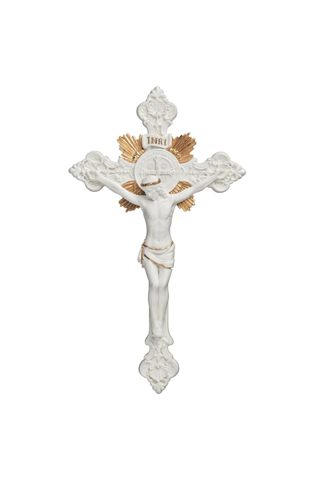 St. Benedict Crucifix, white accented with gold 7.75"- ZWSR76719WG
