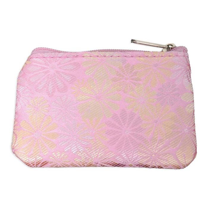 Pink Tapestry Fabric Zipper Rosary Pouch with Gold Flowers - TA1993PK