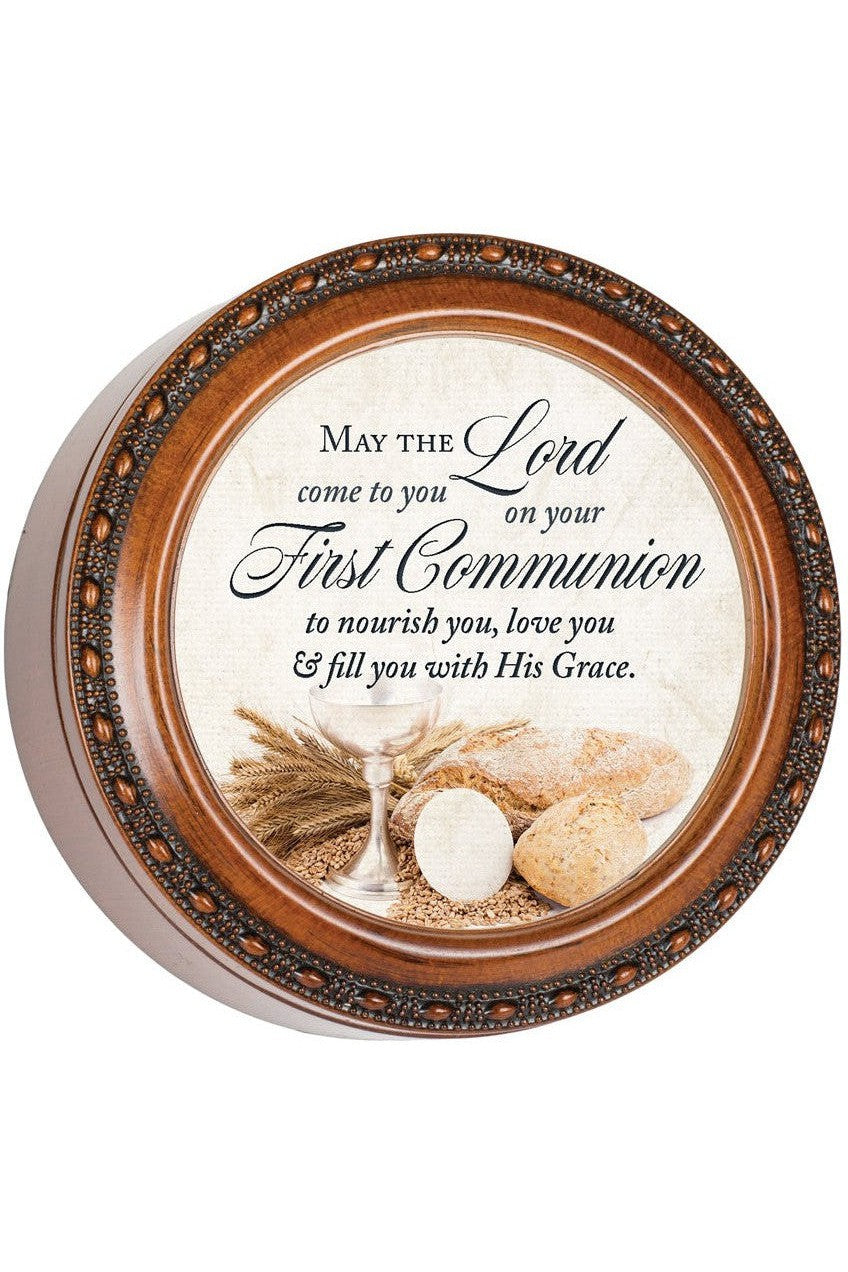 Wood Grain Keepsake Circle Box First Communion - GPTR493S-Inspirational Gifts-Cottage Garden-Michigan Church Supply