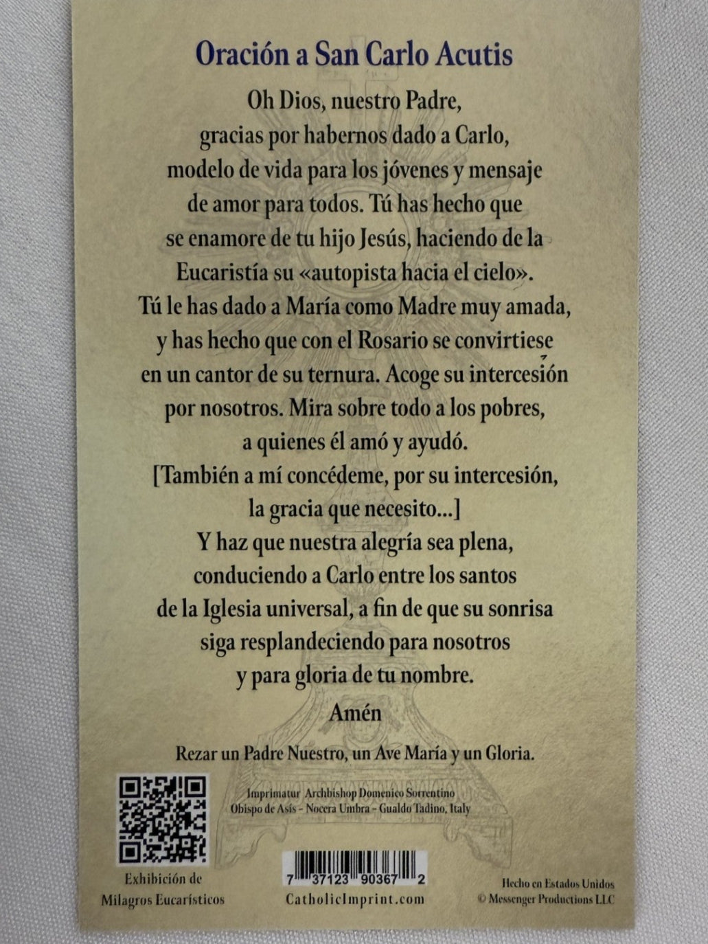 St Carlo Acutis Prayer card-MCSCARLO-SPANISH