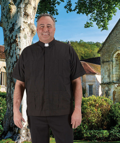 Panama Tab Collar Short Sleeve Clergy Shirt-  black - OF249