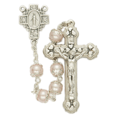 7mm Pink Capped Pearl Beads and Cross with Miraculous Center Rosary-WOSR3779PKJC
