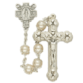 7mm Capped Pearl Beads and Cross with Miraculous Center Rosary-WOSR3779WHJC
