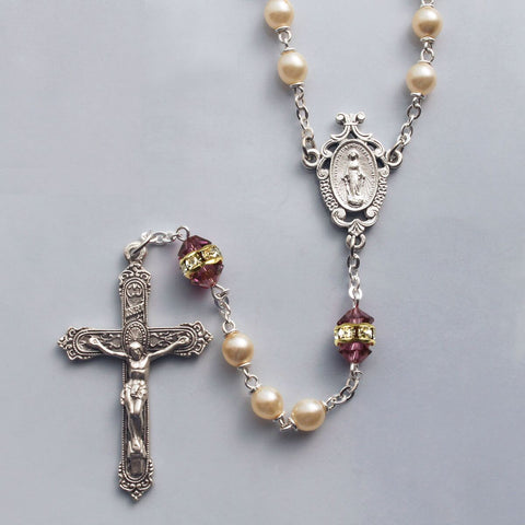 Birthstone Pearl and Rondelle Crystal Amethyst (February) Rosary - HX41298/AM