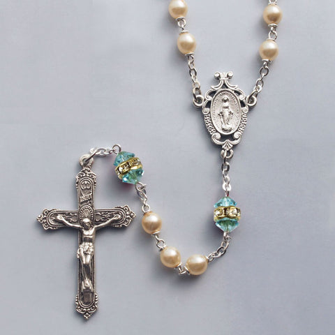 Birthstone Pearl and Rondelle Crystal Aqua (March) Rosary - HX41298/AQ