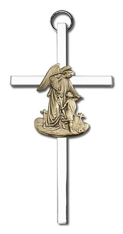 Engravable Guardian Angel Two-tone Silver Cross - FN4825G/S
