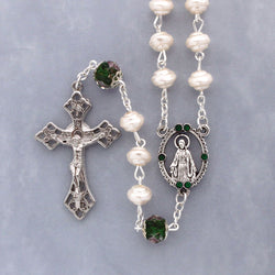 White and Green Pearl Bead Rosary - HX41217GR-N
