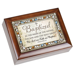 Wood Grain Jeweled Keepsake Music Box Baptism - GPJMTWGTHOU