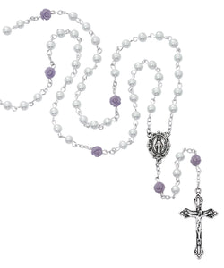White Pearl with Purple Flower Rosary - UZR799W
